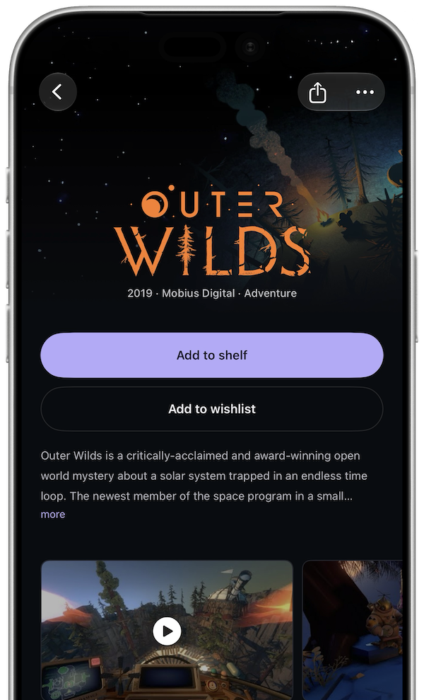 An iPhone showing a game page in Completd: the key art, buttons to add the game to the shelf or the wishlist, the description and the trailers.